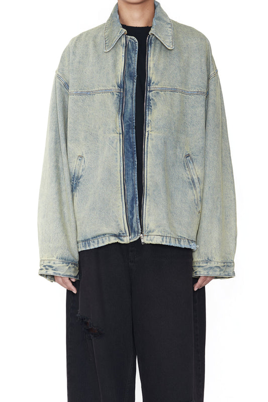 CODA / Indigo Acid Washed Distressed Denim Slant Jacket