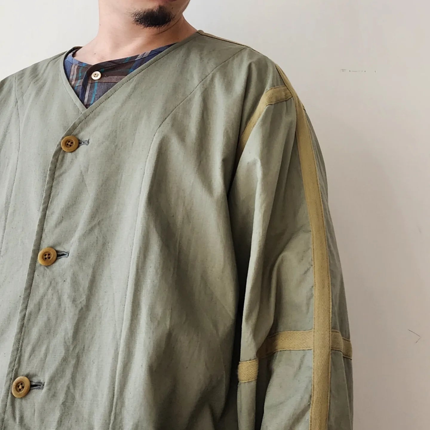 Linen*Cotton Stretch Cloth Reversible Seam Taping Collarless Jacket