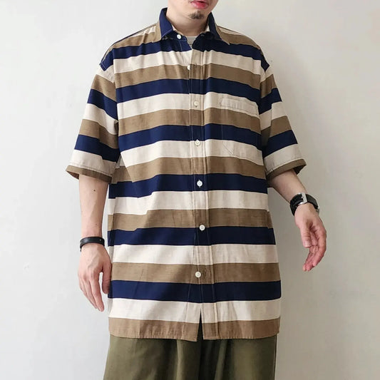 Horizontal Stripe Viscose Polyester Cloth Baggy Fit Short Sleeve Shirt