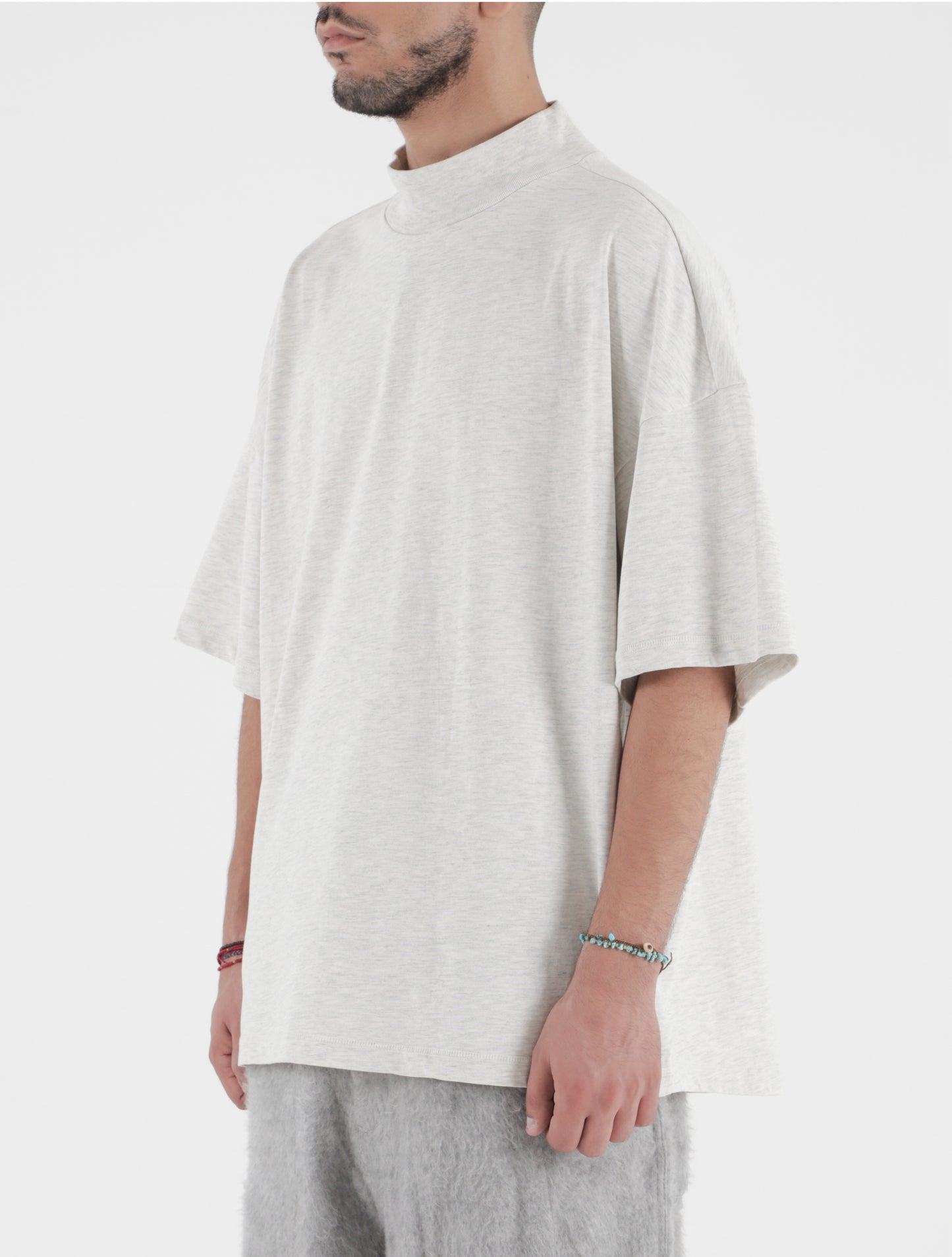 Beige Melange Kayan Mockneck T-Shirt
