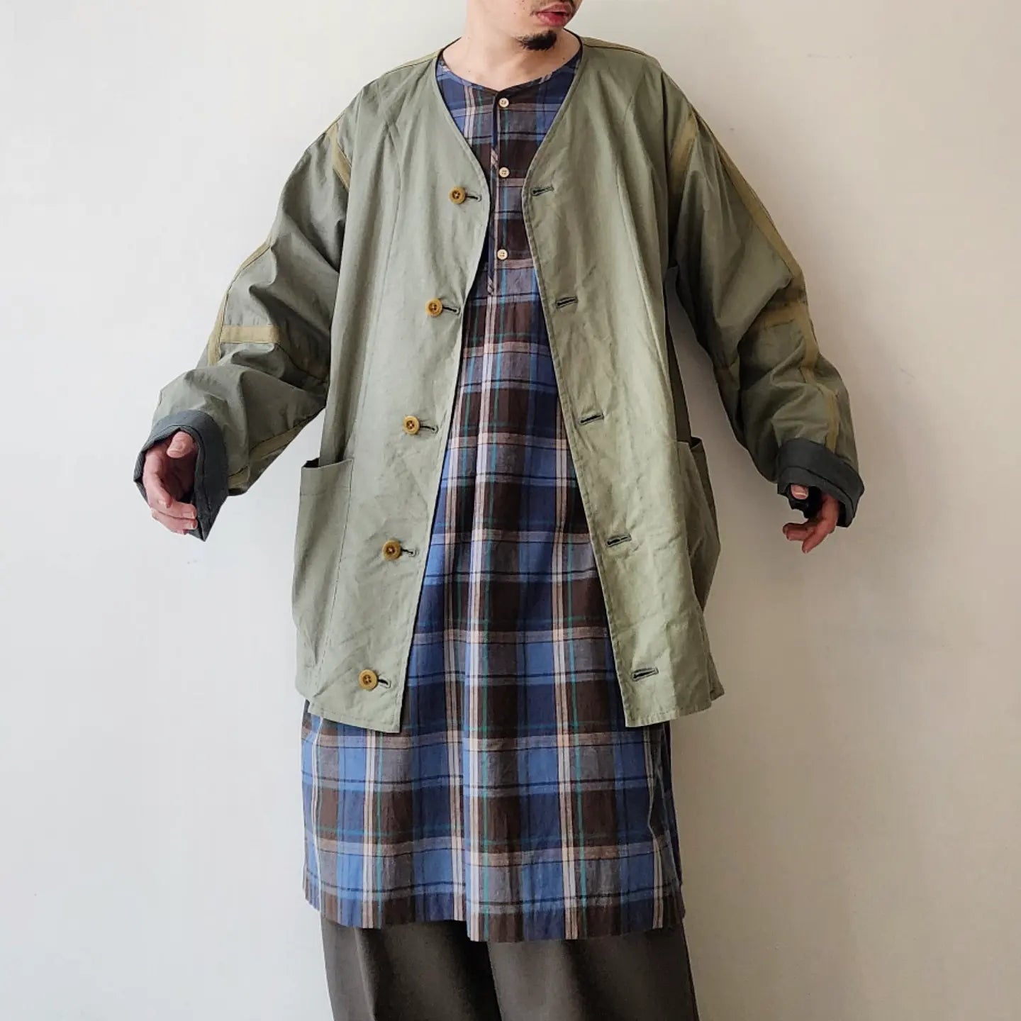 Linen*Cotton Stretch Cloth Reversible Seam Taping Collarless Jacket