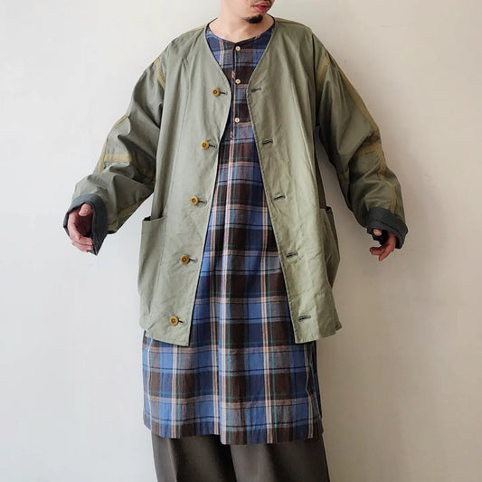 Linen*Cotton Stretch Cloth Reversible Seam Taping Collarless Jacket