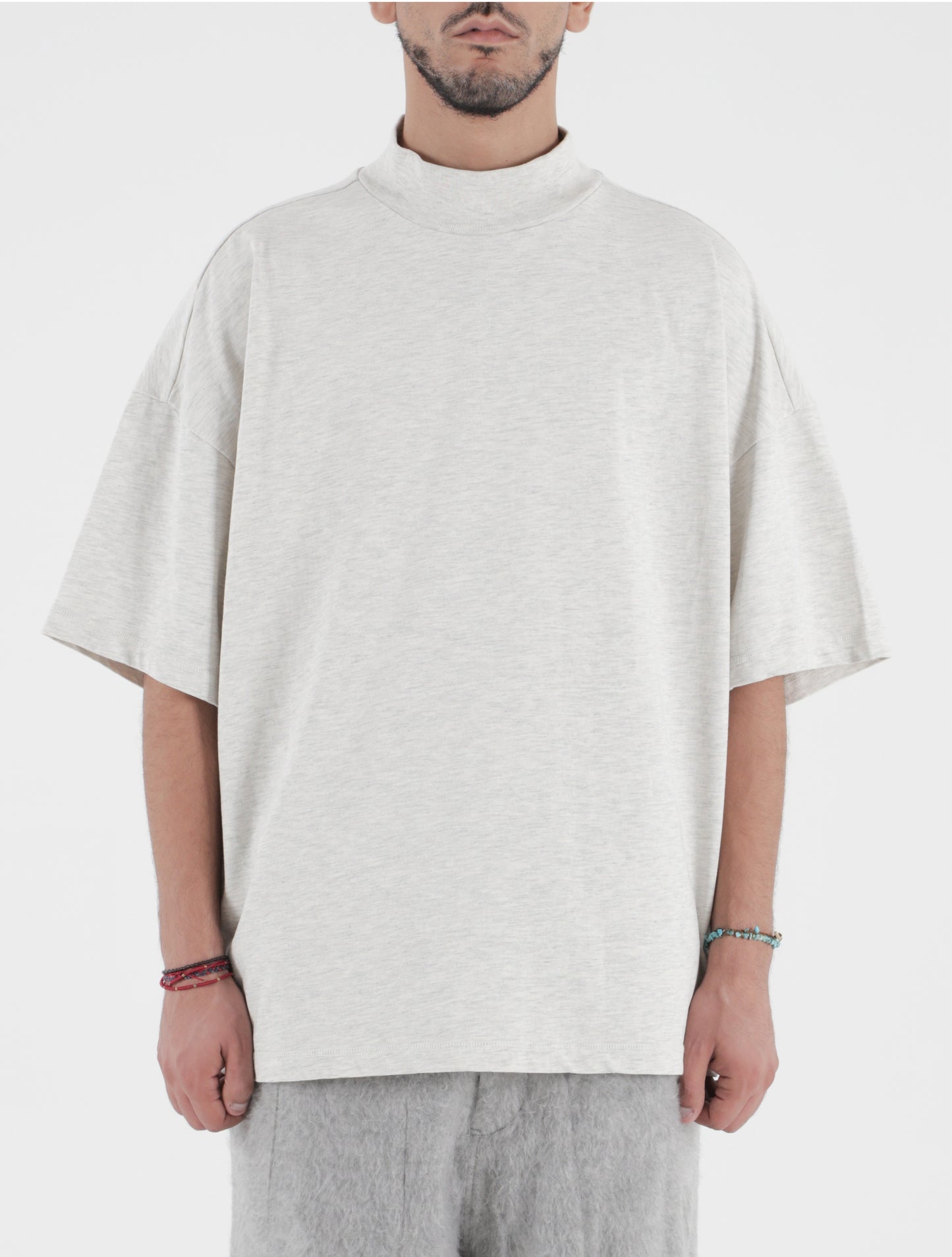 Beige Melange Kayan Mockneck T-Shirt