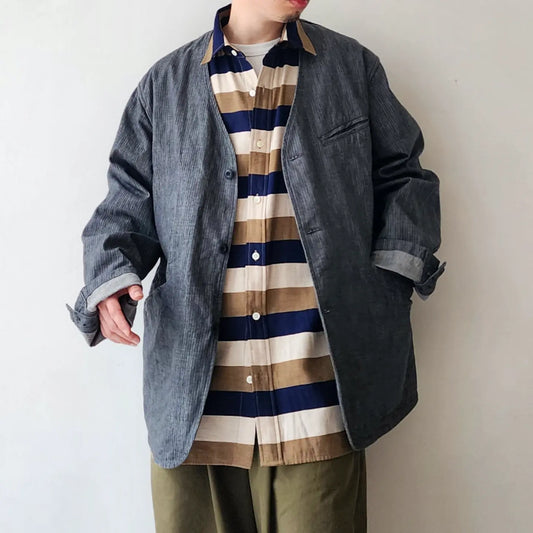 10.5oz. Cotton Herringbone Denim Cloth 3 Inside Pocket Collarless Jacket