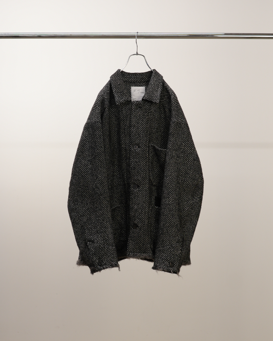 ANCELLM / Damage Wool Herringbone Coverall (White x Black)