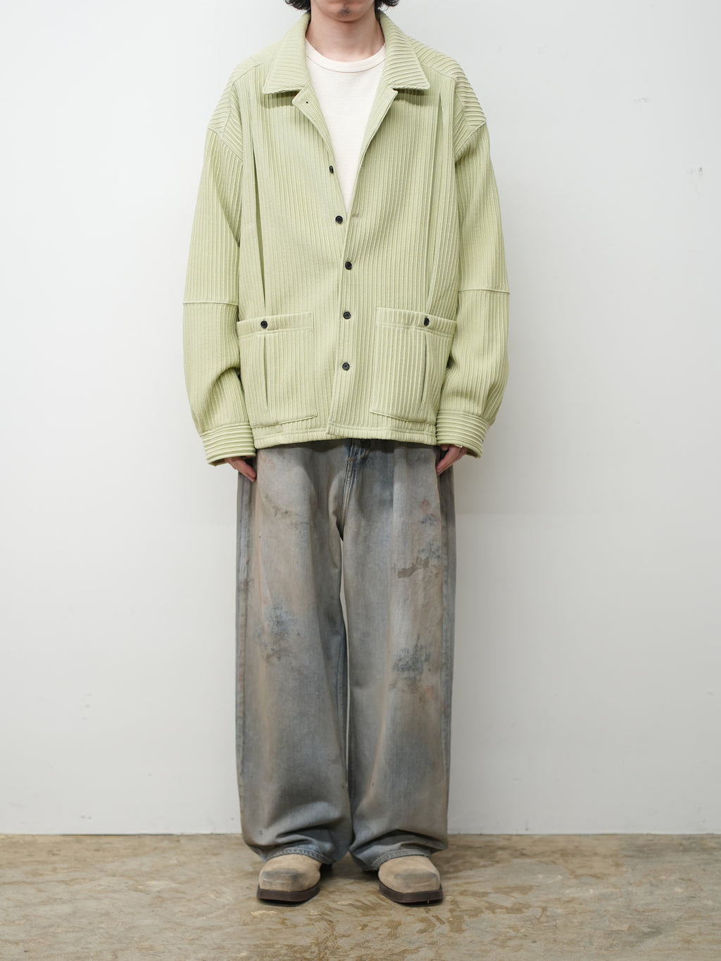 ANCELLM / Wrinkled Stripe Shirt (Wasabi)