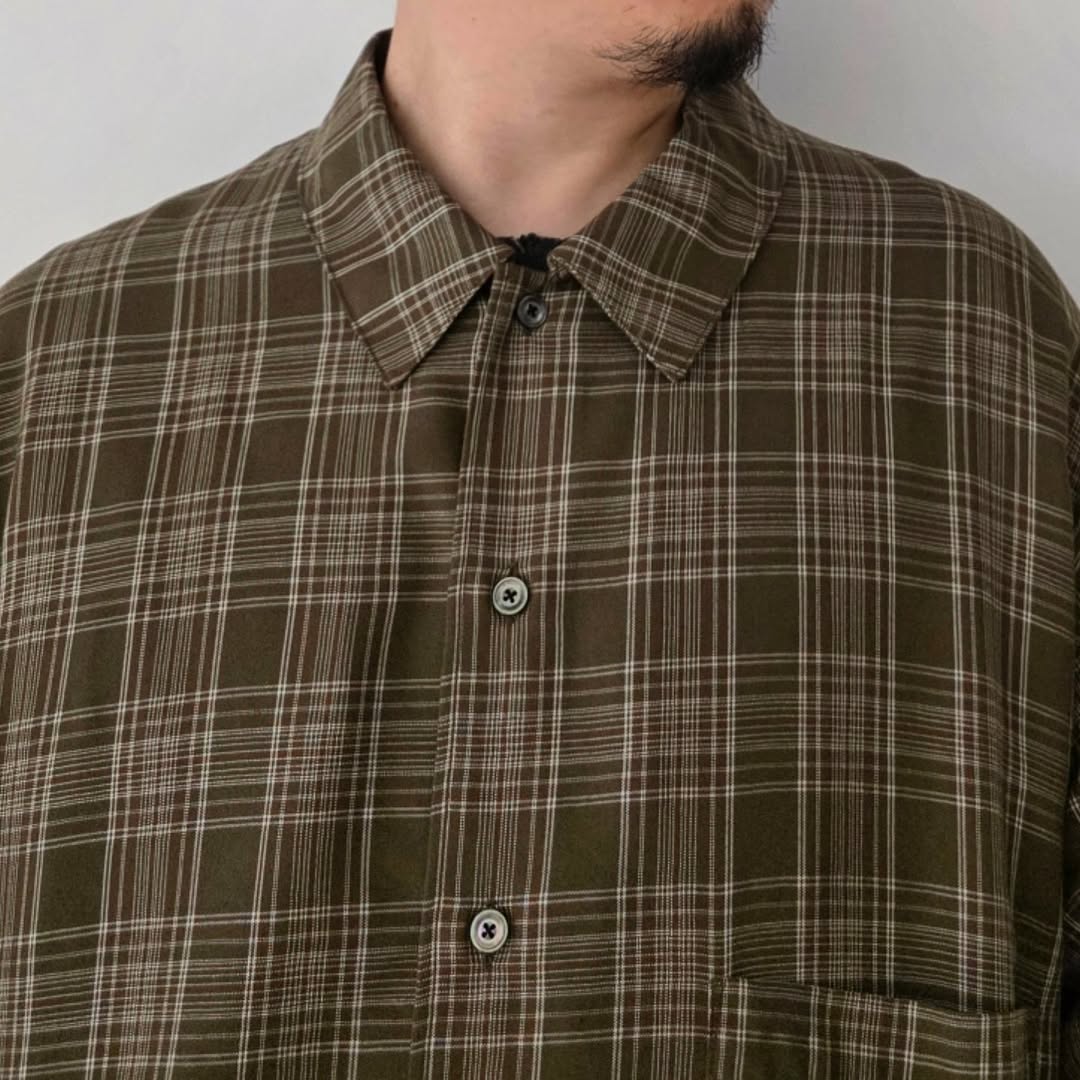 ANCELLM / Aging Rayon Check Shirt (Green)