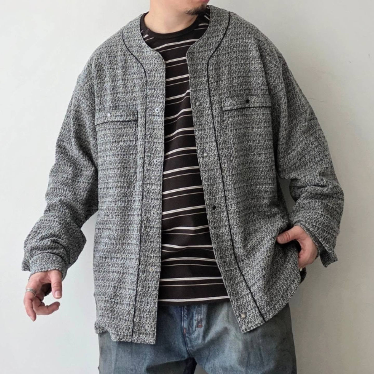 THE JEAN PIERRE / Tweed Baseball Shirt (Grey)
