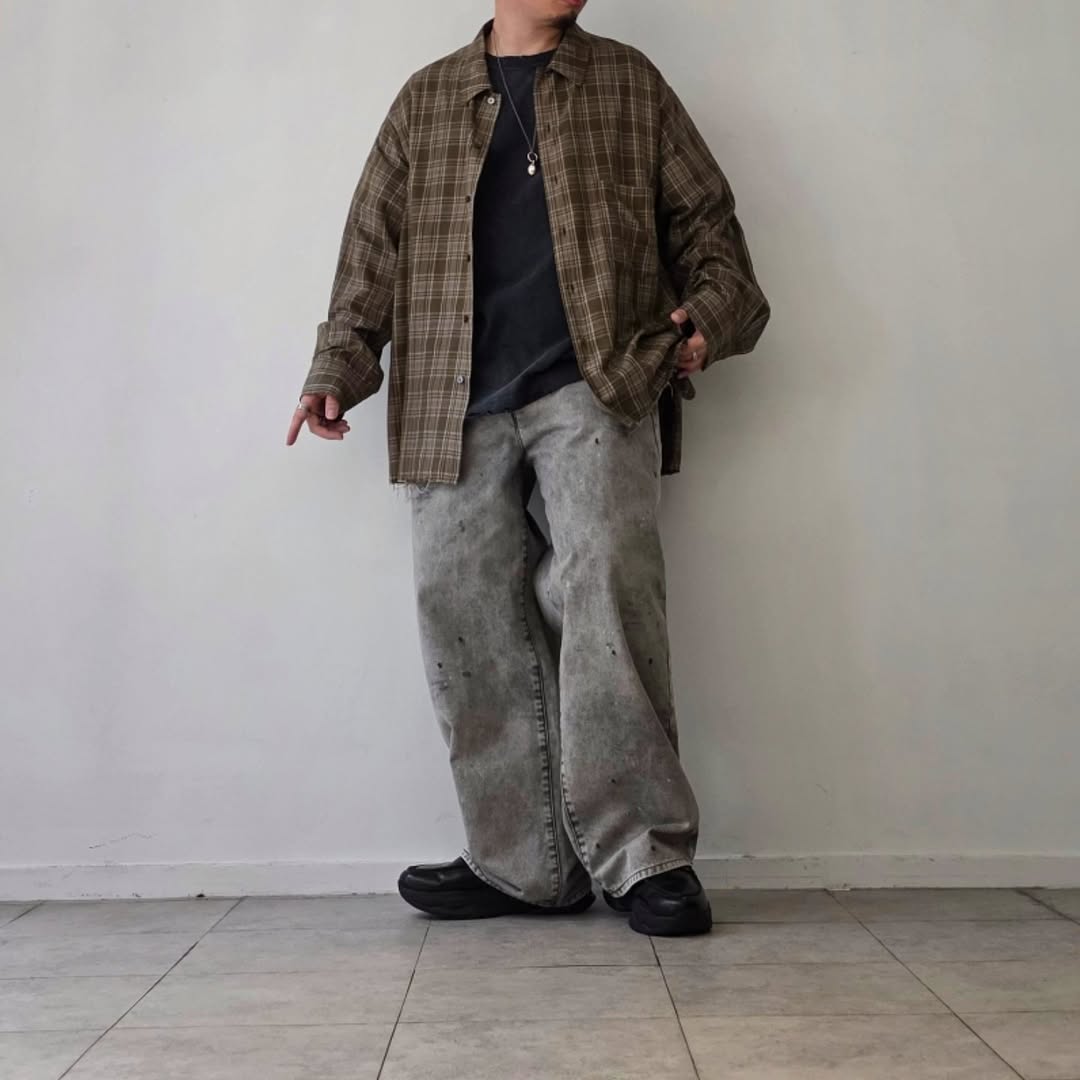 ANCELLM / Aging Rayon Check Shirt (Green)