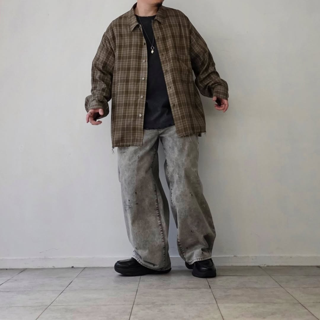 ANCELLM / Aging Rayon Check Shirt (Green)