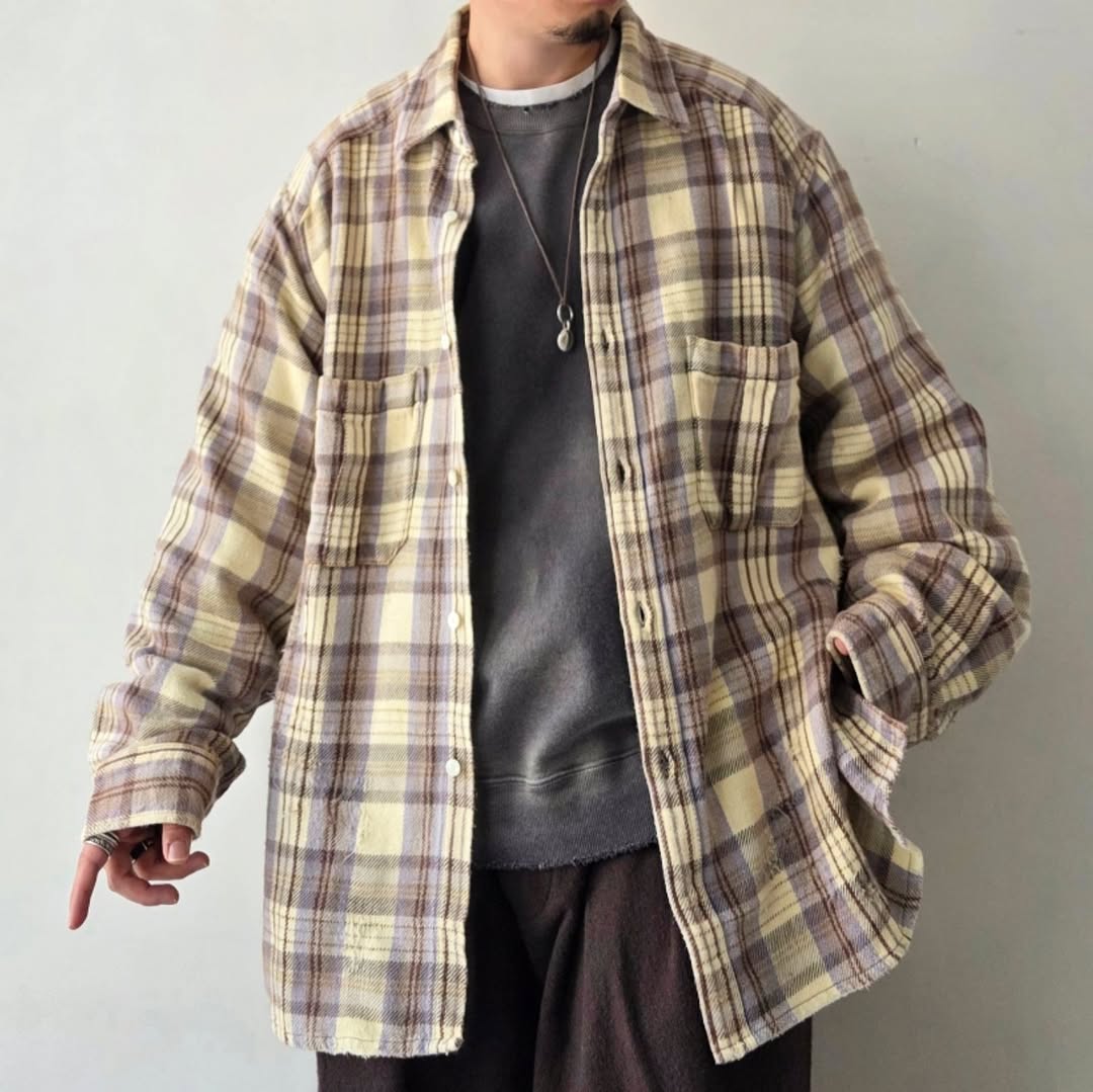 ANCELLM / Nel Check Over Work Shirt (Ivory)