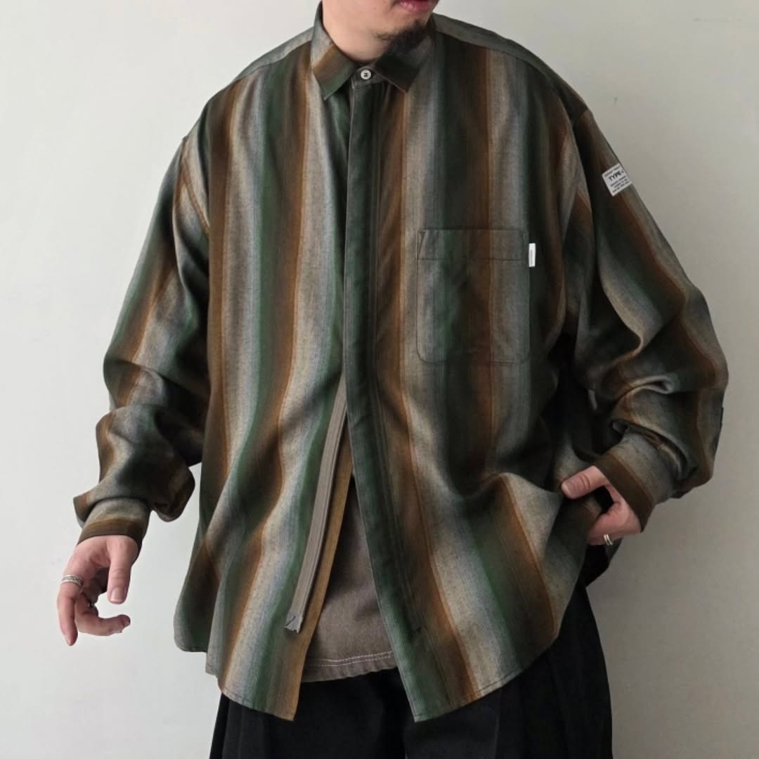 ELEPHANT TRIBAL FABRICS / Zip Ombre Stripe Shirt (Green)