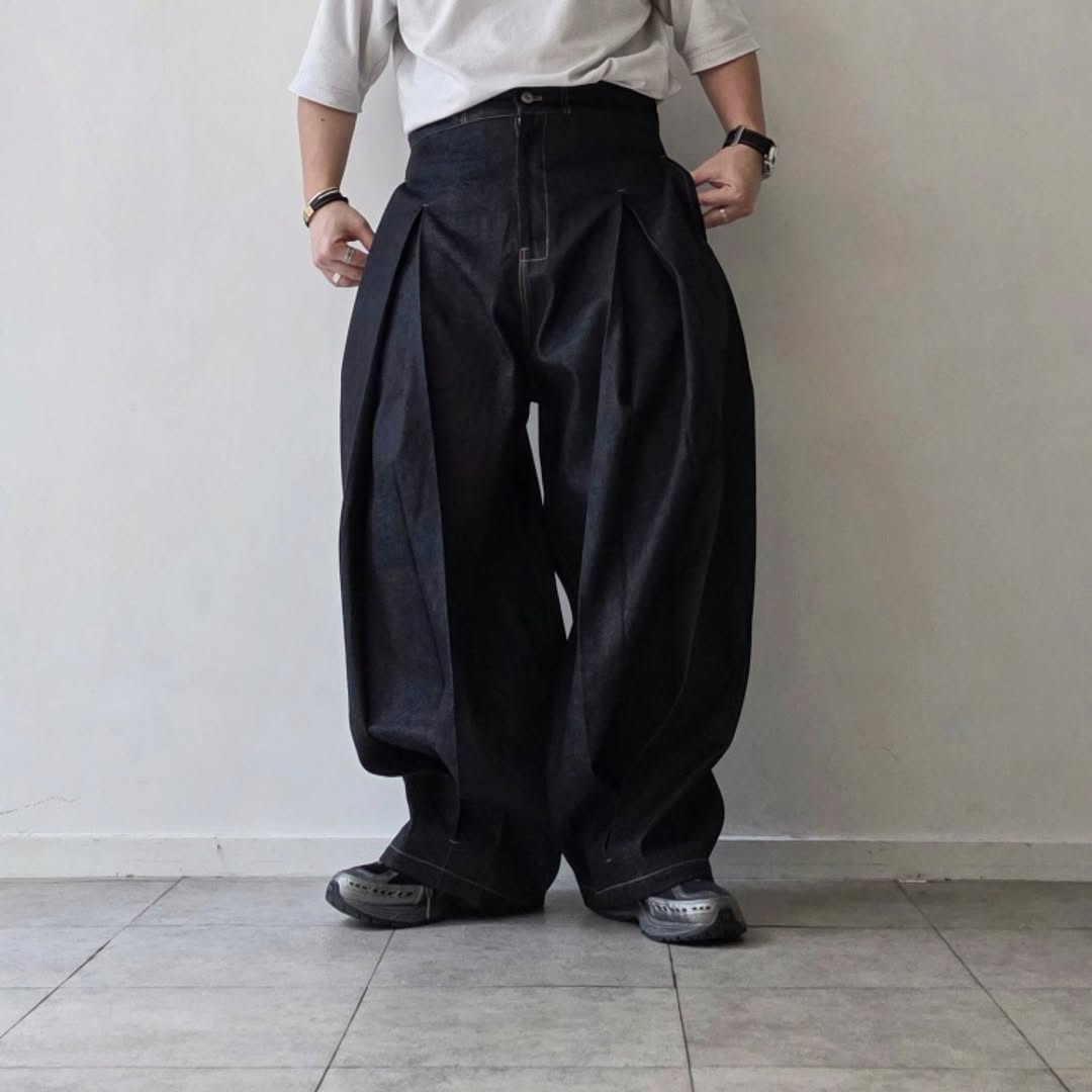 SAGE NATION / Denim Raw Box Pleat Trousers