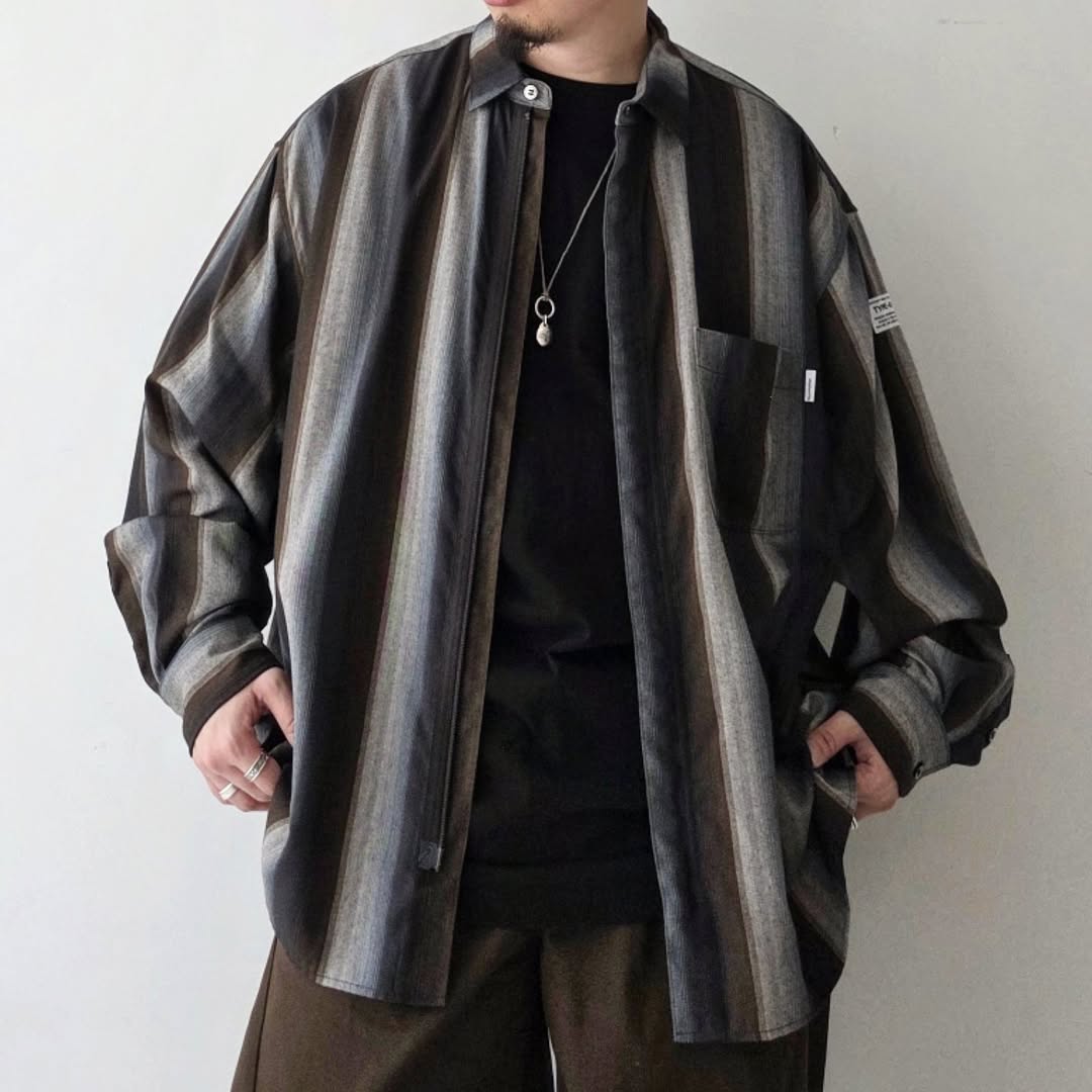 ELEPHANT TRIBAL FABRICS / Zip Ombre Stripe Shirt (Brown)