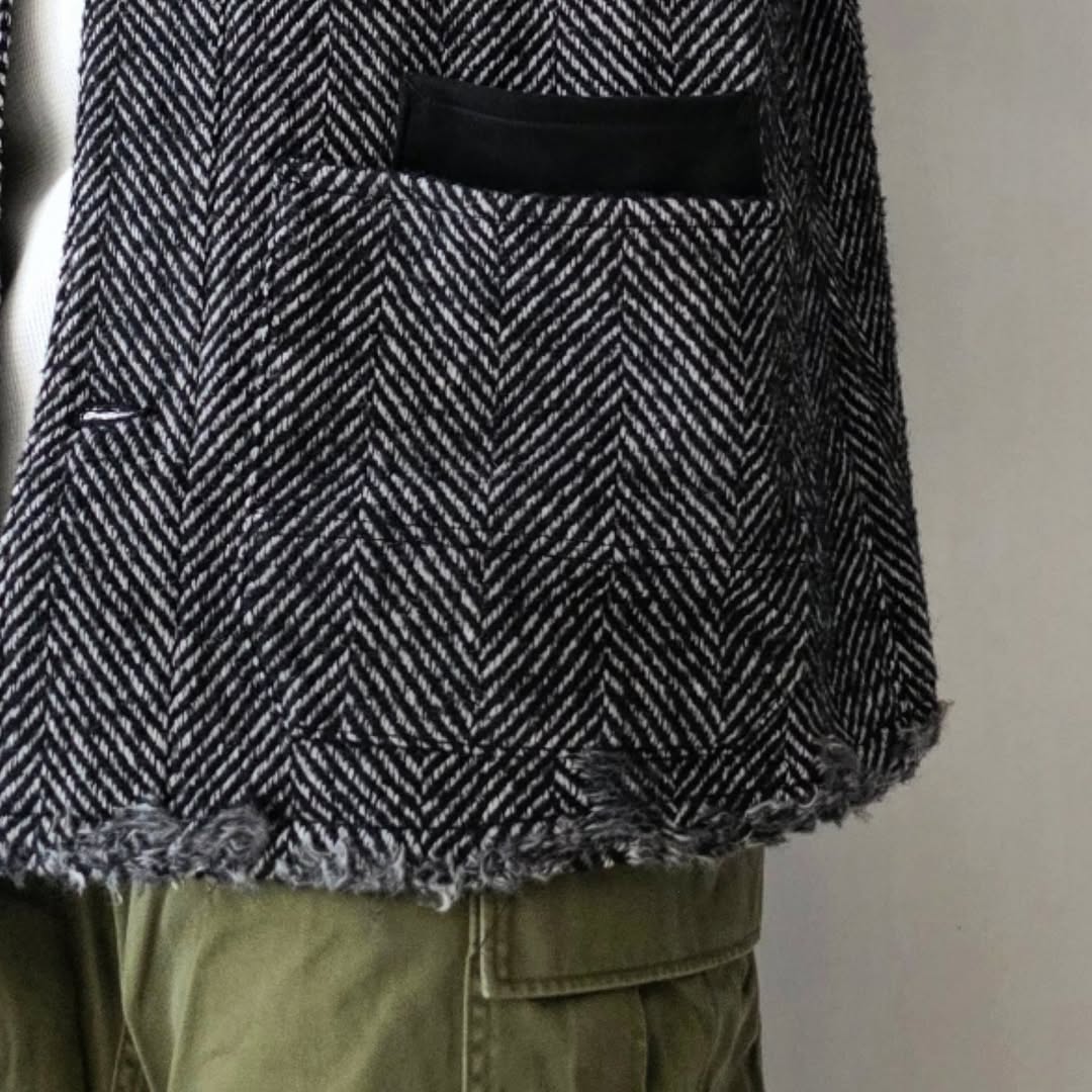 ANCELLM / Damage Wool Herringbone Coverall (White x Black)