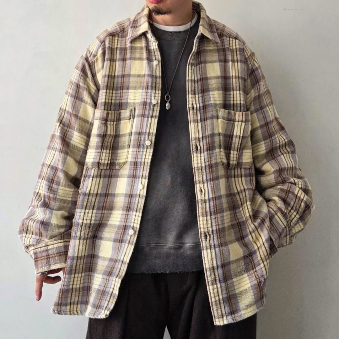 ANCELLM / Nel Check Over Work Shirt (Ivory)