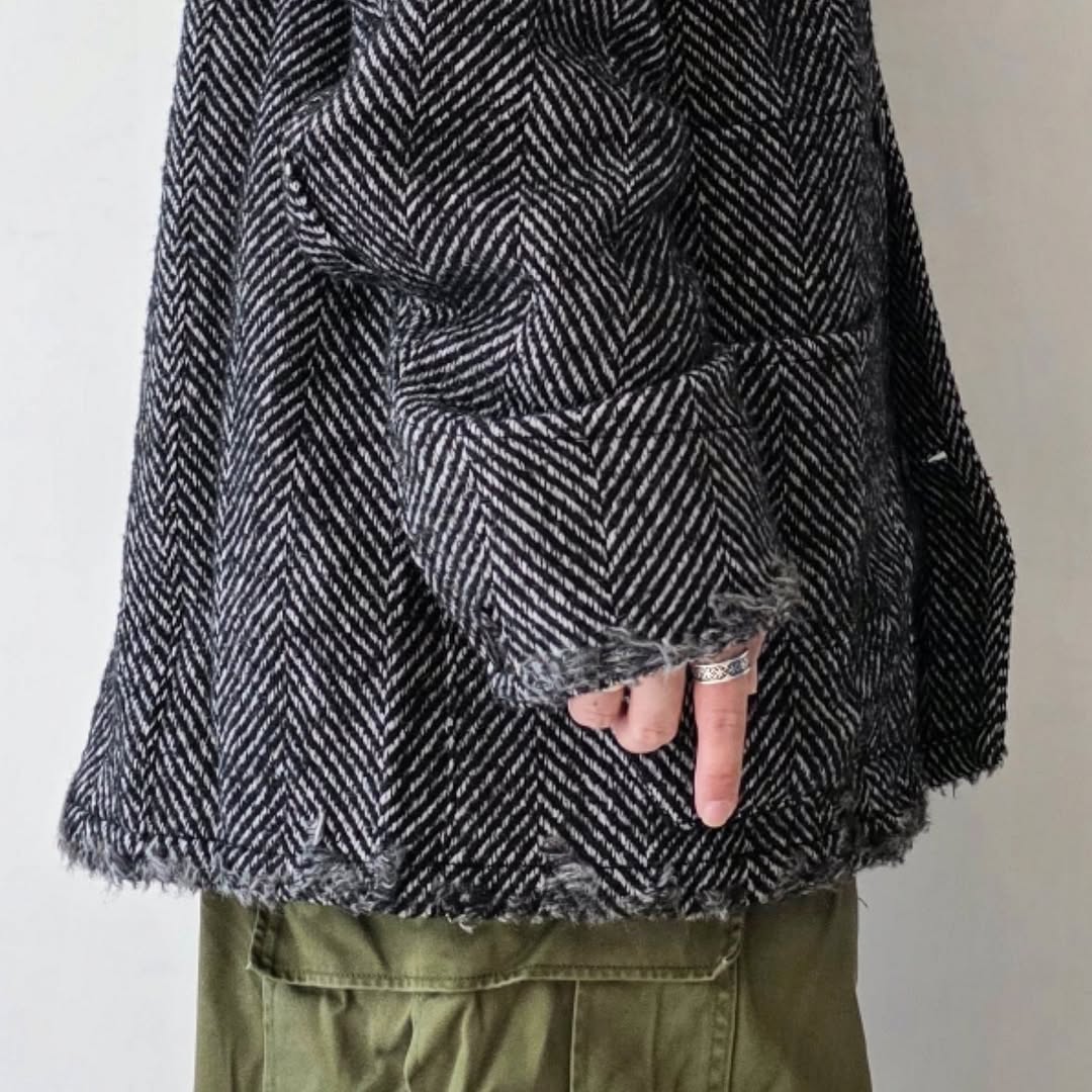 ANCELLM / Damage Wool Herringbone Coverall (White x Black)