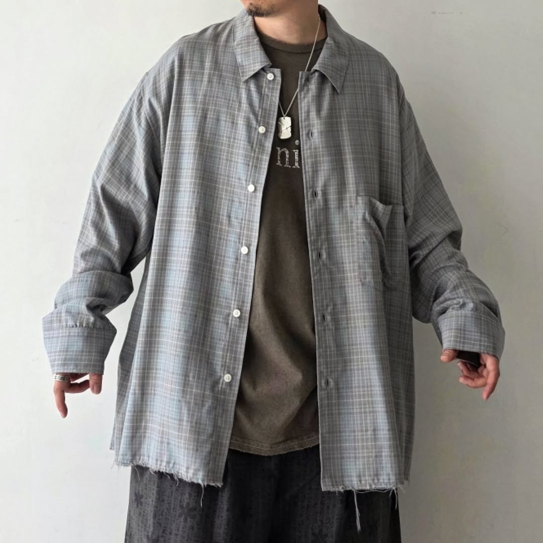 ANCELLM / Aging Rayon Check Shirt (Blue)