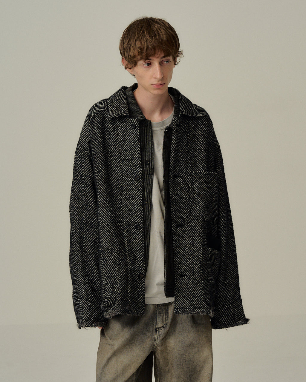 ANCELLM / Damage Wool Herringbone Coverall (White x Black)