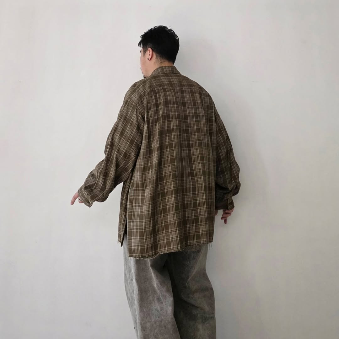 ANCELLM / Aging Rayon Check Shirt (Green)