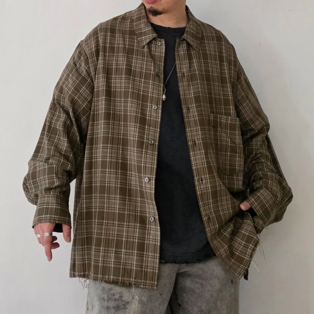 ANCELLM / Aging Rayon Check Shirt (Green)