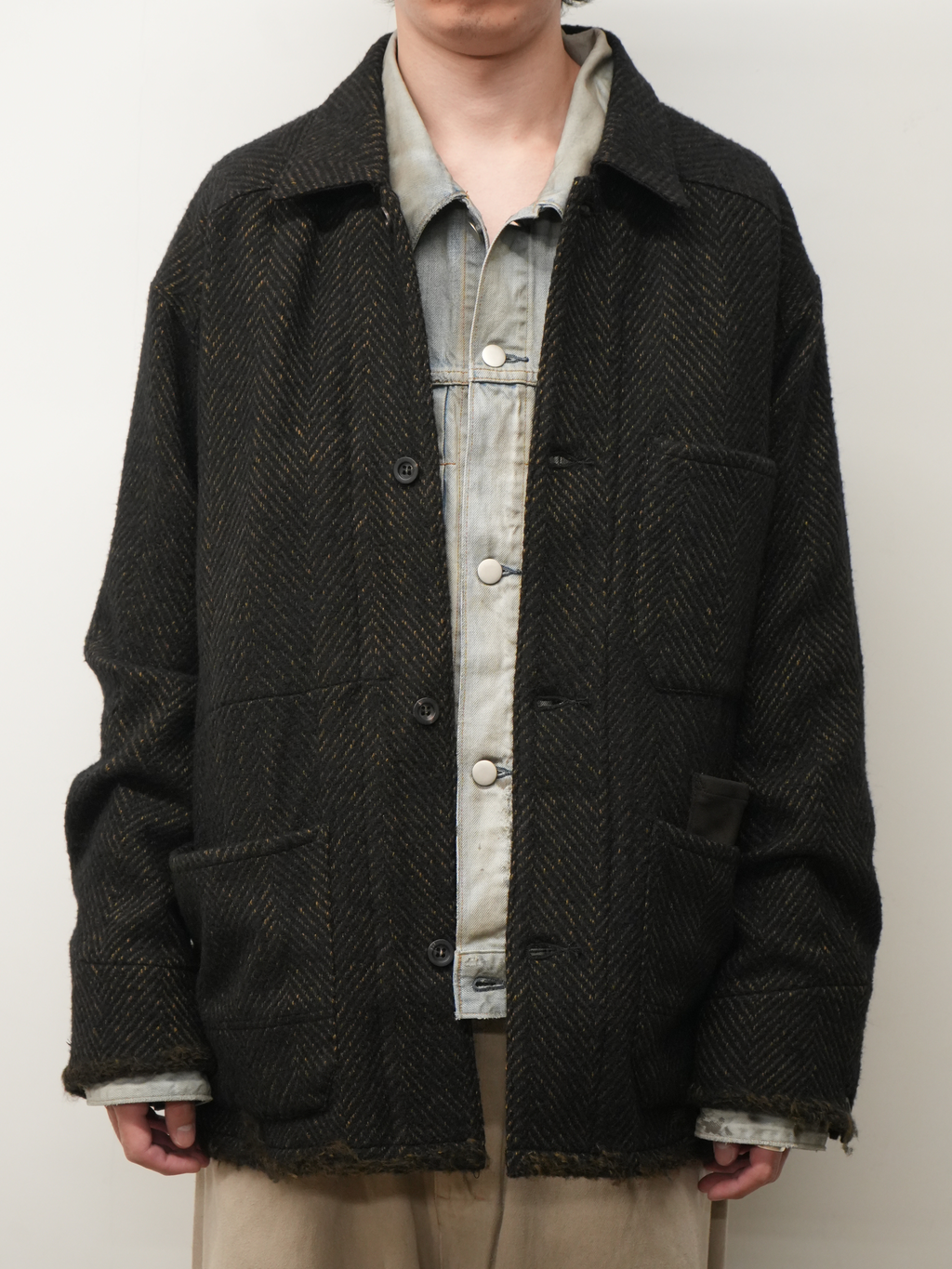 ANCELLM / Damage Wool Herringbone Coverall (Brown x Black)