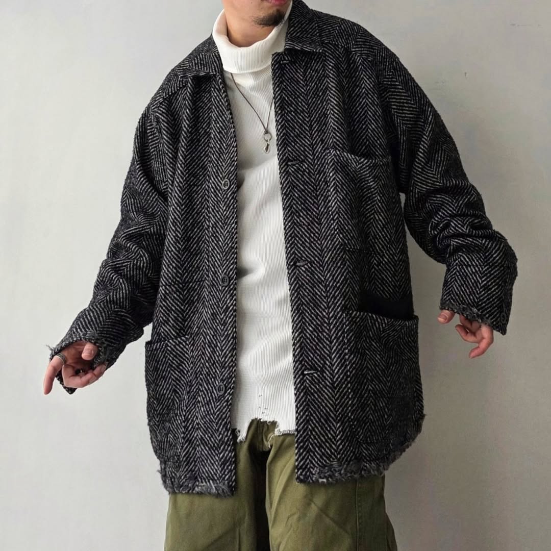 ANCELLM / Damage Wool Herringbone Coverall (White x Black)
