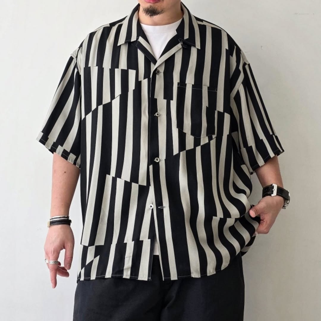 REVERBERATE / Open Collar Shirt Short Sleeve (White x Black)