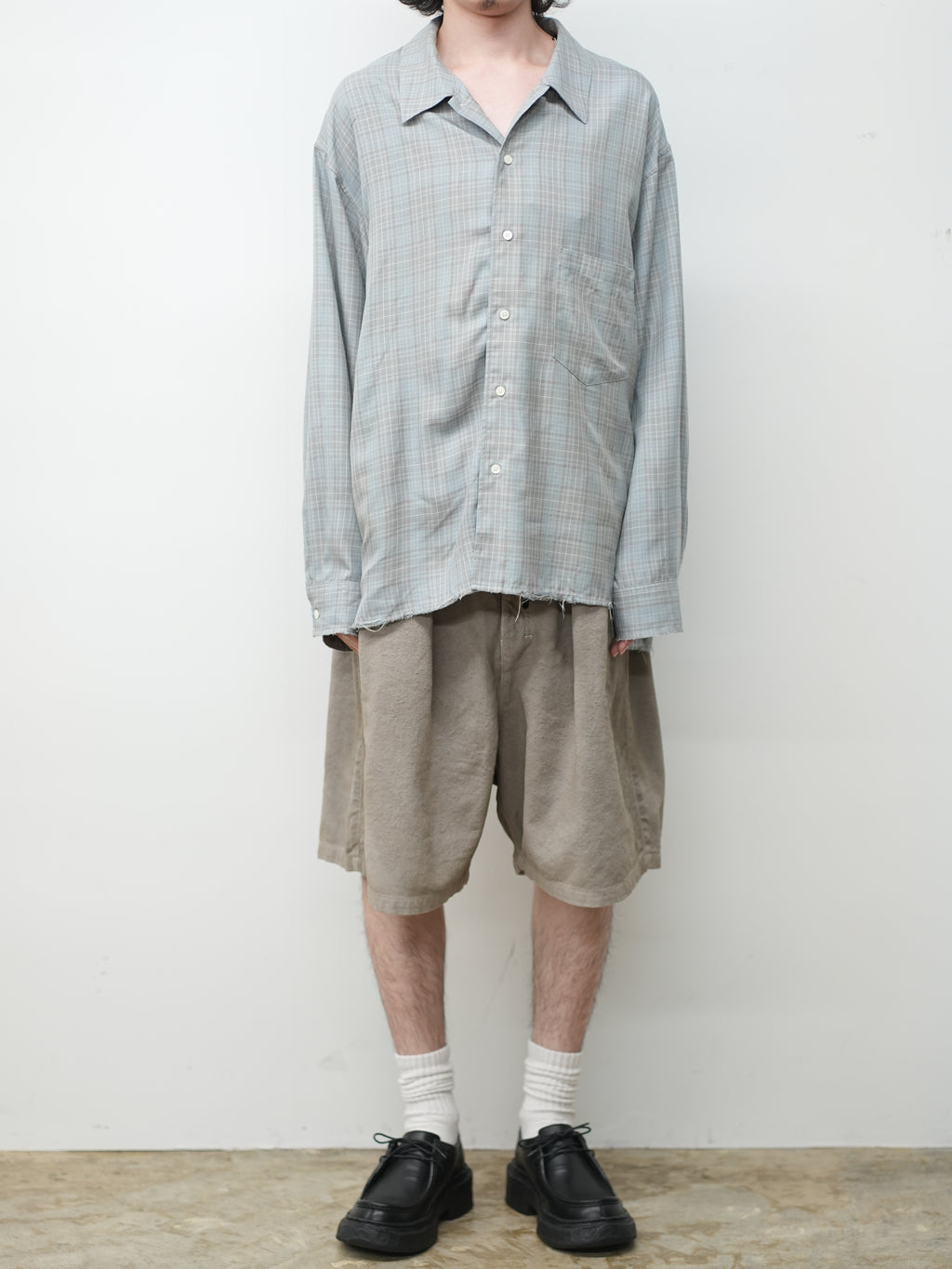 ANCELLM / Aging Rayon Check Shirt (Blue)