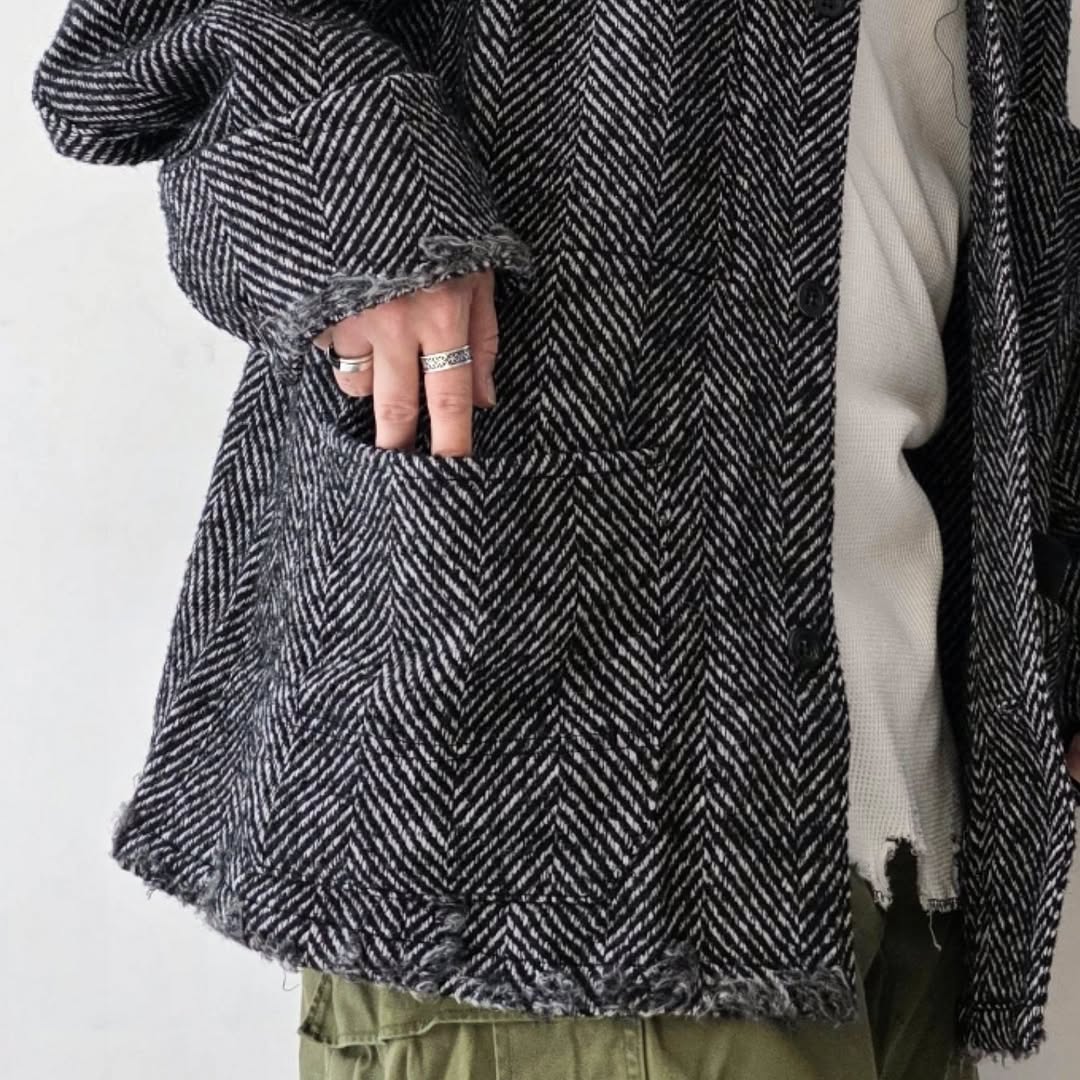 ANCELLM / Damage Wool Herringbone Coverall (White x Black)