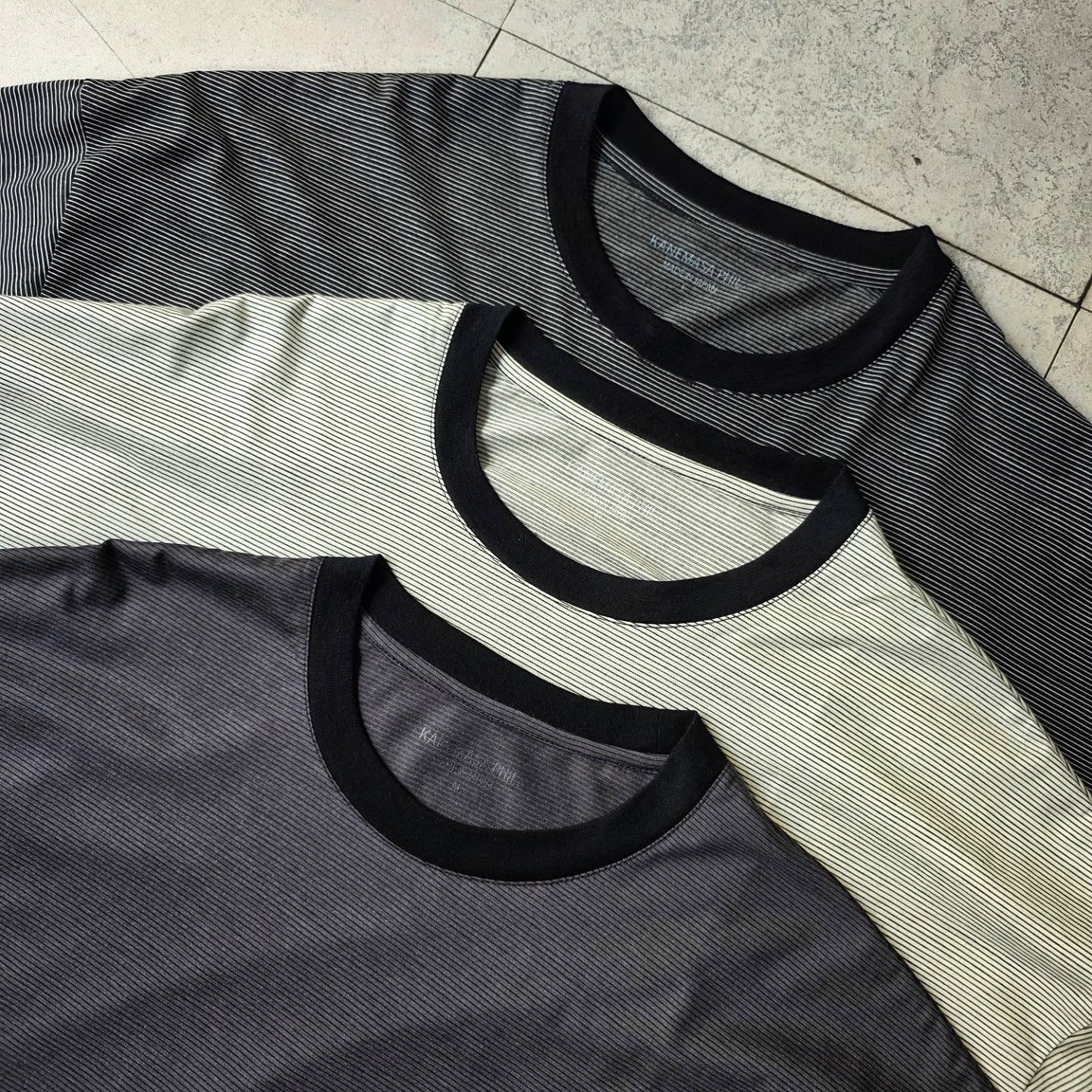 KANEMASA PHIL / 32G Wool Stripe SS Tee (Charcoal)