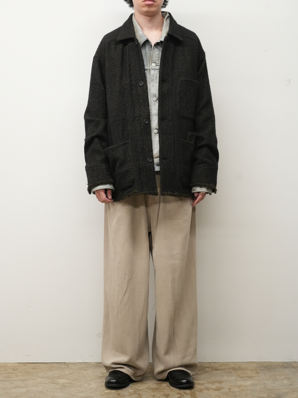 ANCELLM / Damage Wool Herringbone Coverall (Brown x Black)