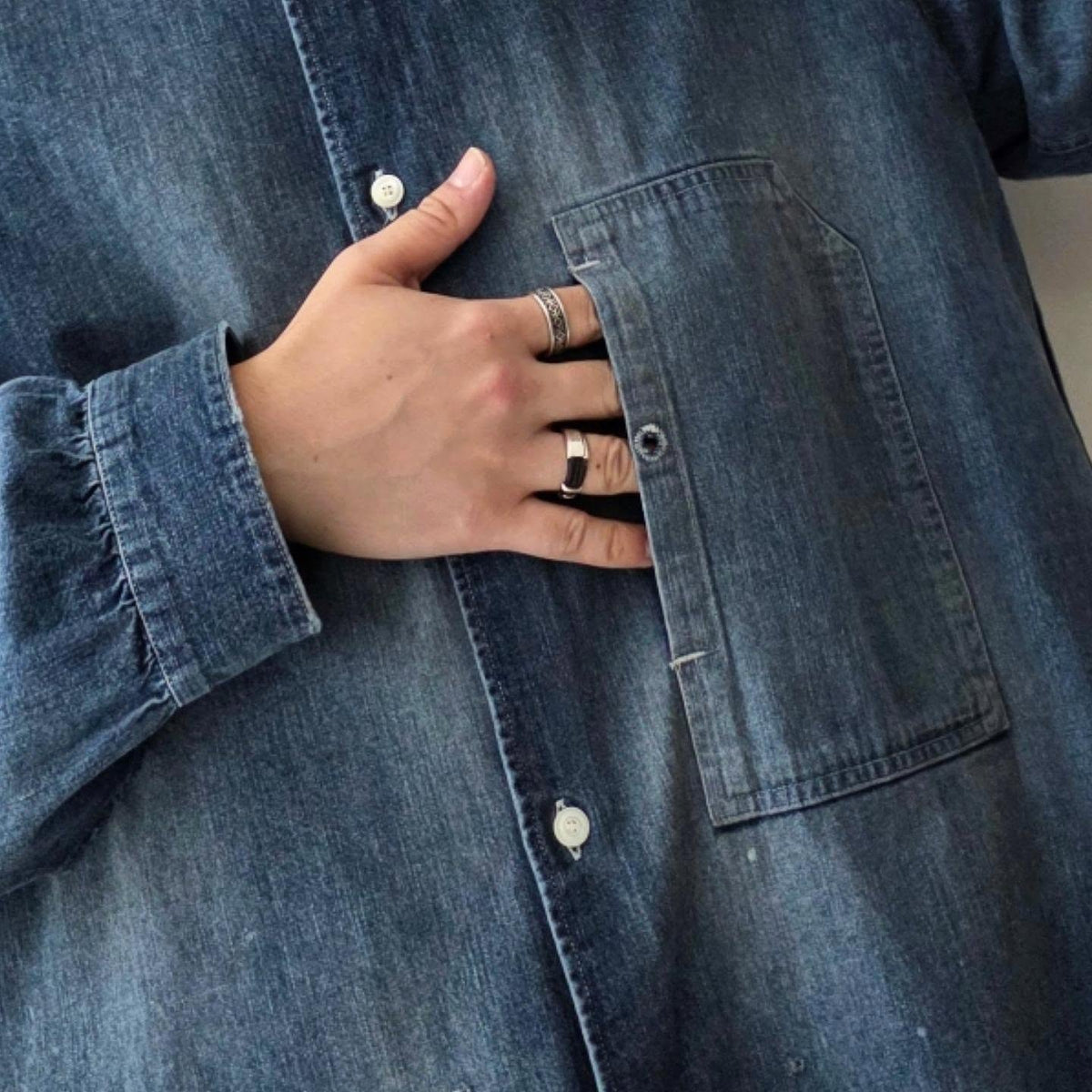 ANCELLM / Denim Band Collar Shirt (Indigo)