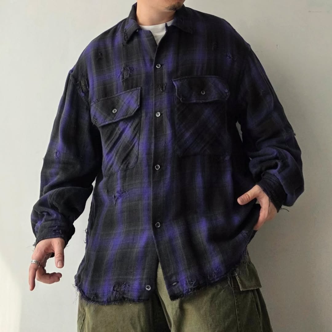 THE JEAN PIERRE / Grunge Plaid Open Collar Shirt