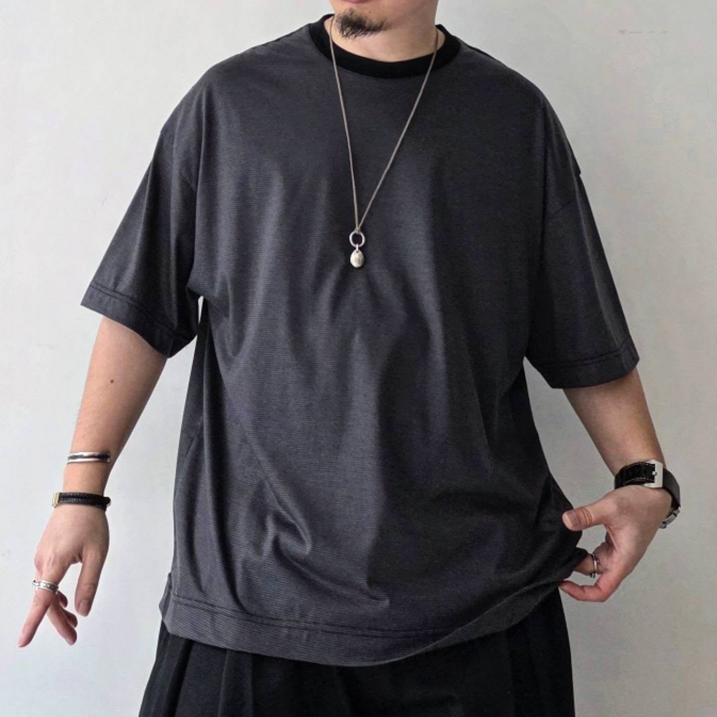 KANEMASA PHIL / 32G Wool Stripe SS Tee (Charcoal)