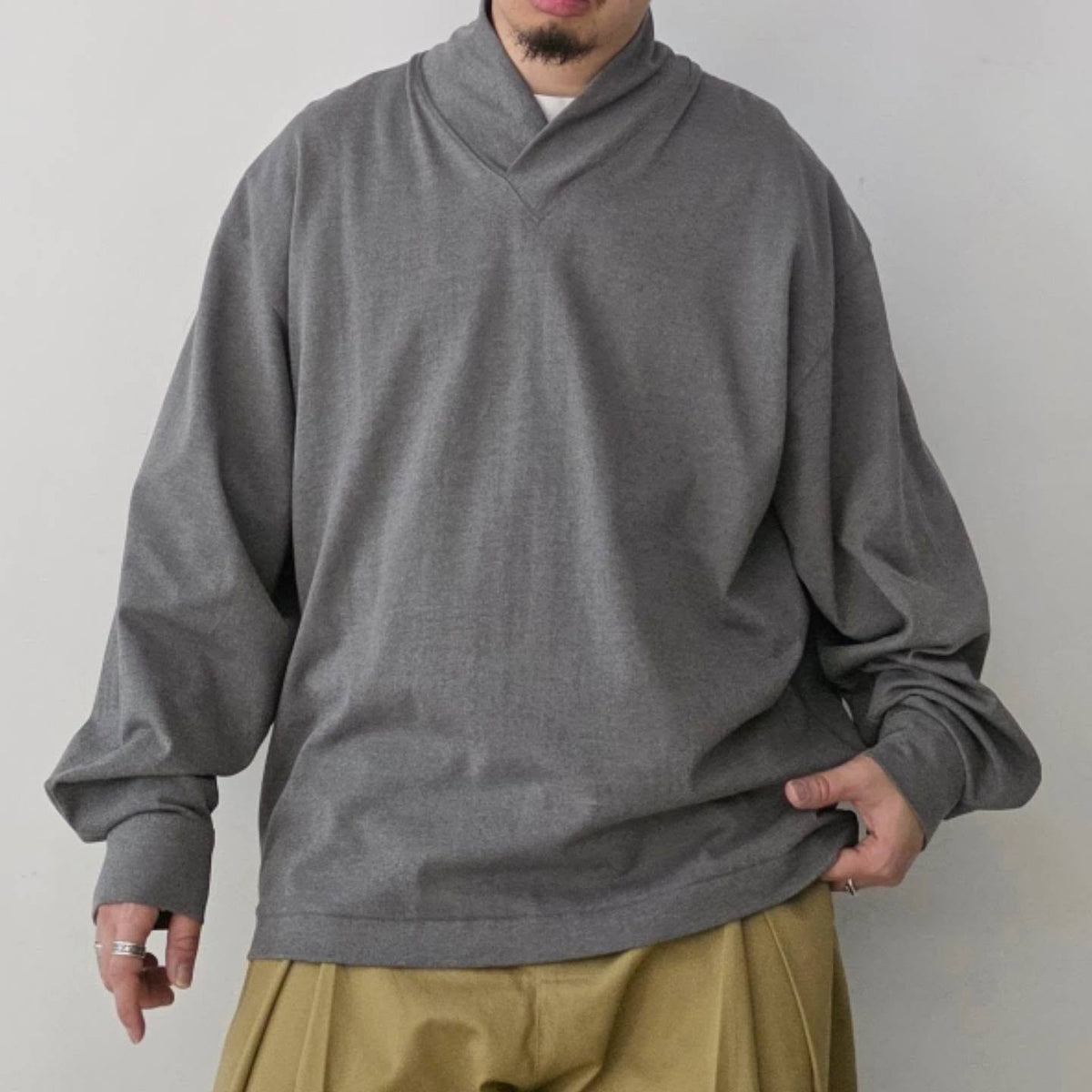 NONNOTTE / Shawl Collar V/N Tapered Oversized Long Sleeve (Smoky Charcoal)