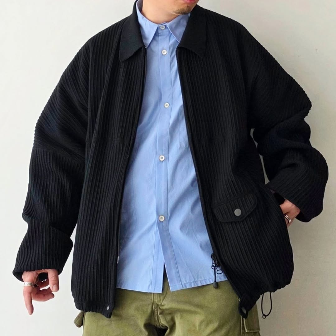 ANCELLM / Wrinkled Stripe Short Shirt Jacket (Black)