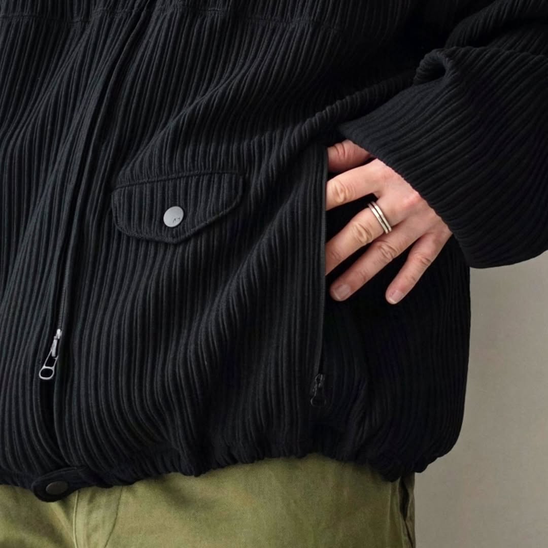 ANCELLM / Wrinkled Stripe Short Shirt Jacket (Black)