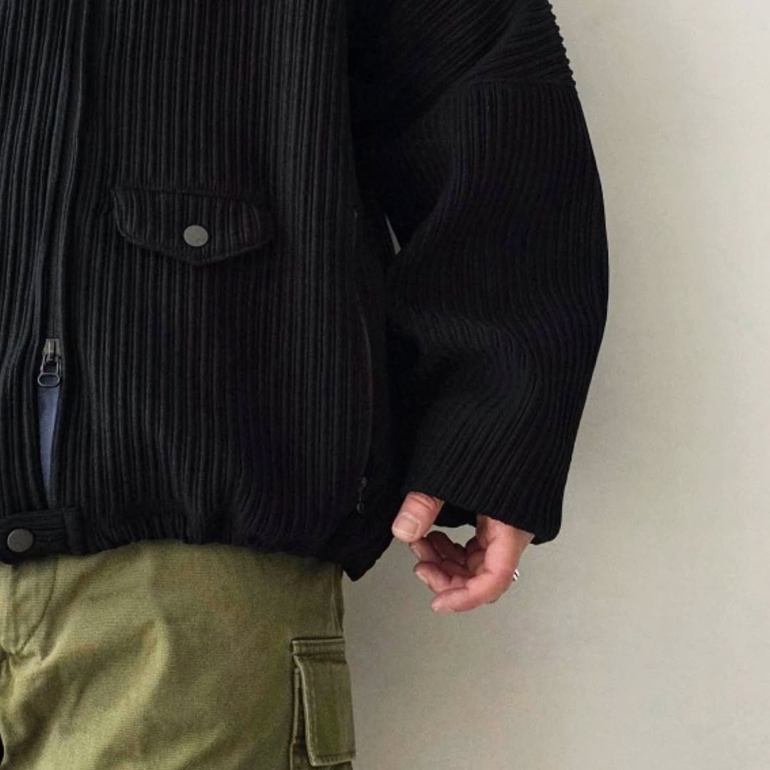 ANCELLM / Wrinkled Stripe Short Shirt Jacket (Black)